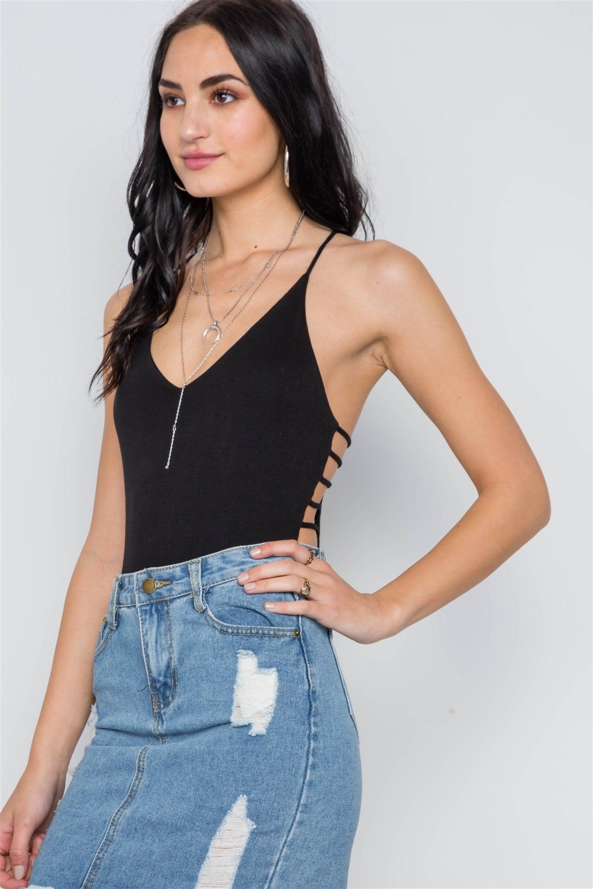 Black Cami Strappy V-Neck Solid Bodysuit /3-2-1