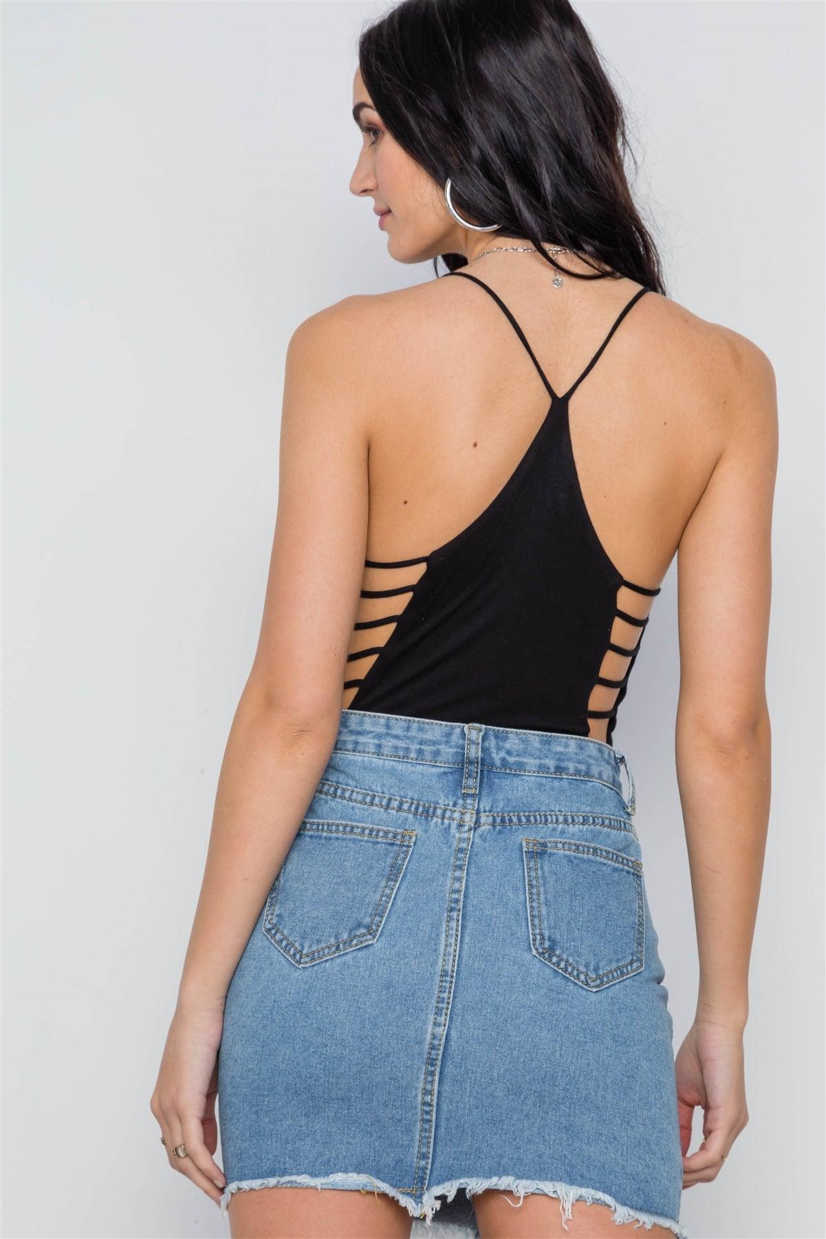 Black Cami Strappy V-Neck Solid Bodysuit /3-2-1