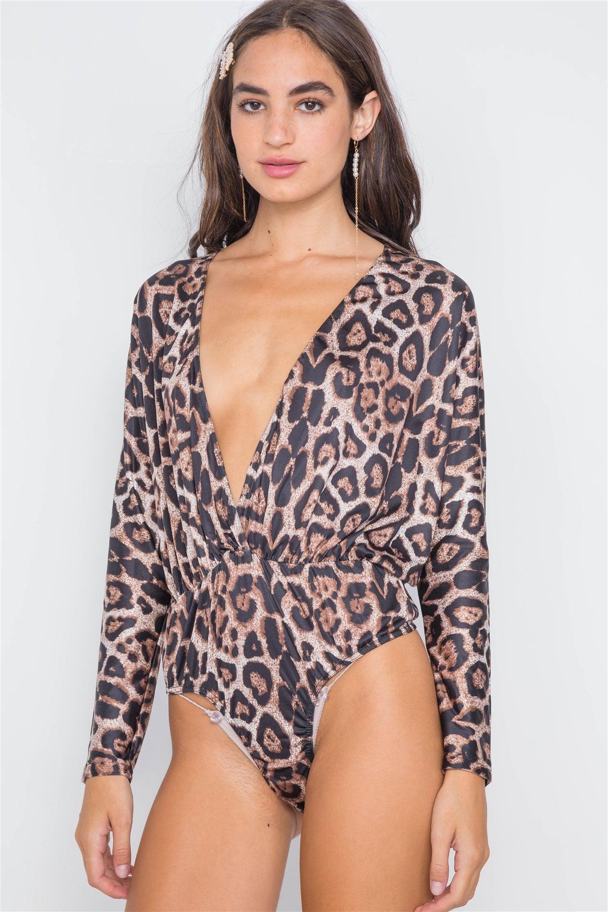 Leopard Print Deep V-Neck Long Sleeve Bodysuit /1-2-2