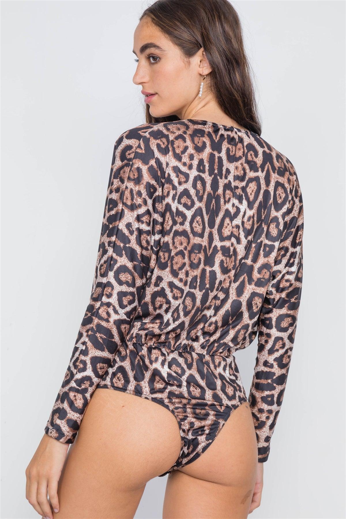 Leopard Print Deep V-Neck Long Sleeve Bodysuit /2-2-2