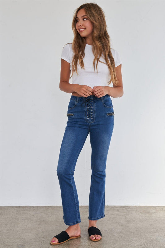 High Waisted Blue Denim Lace Up Fly Zipper Pocket Bell Bottom Jeans /2-2-2