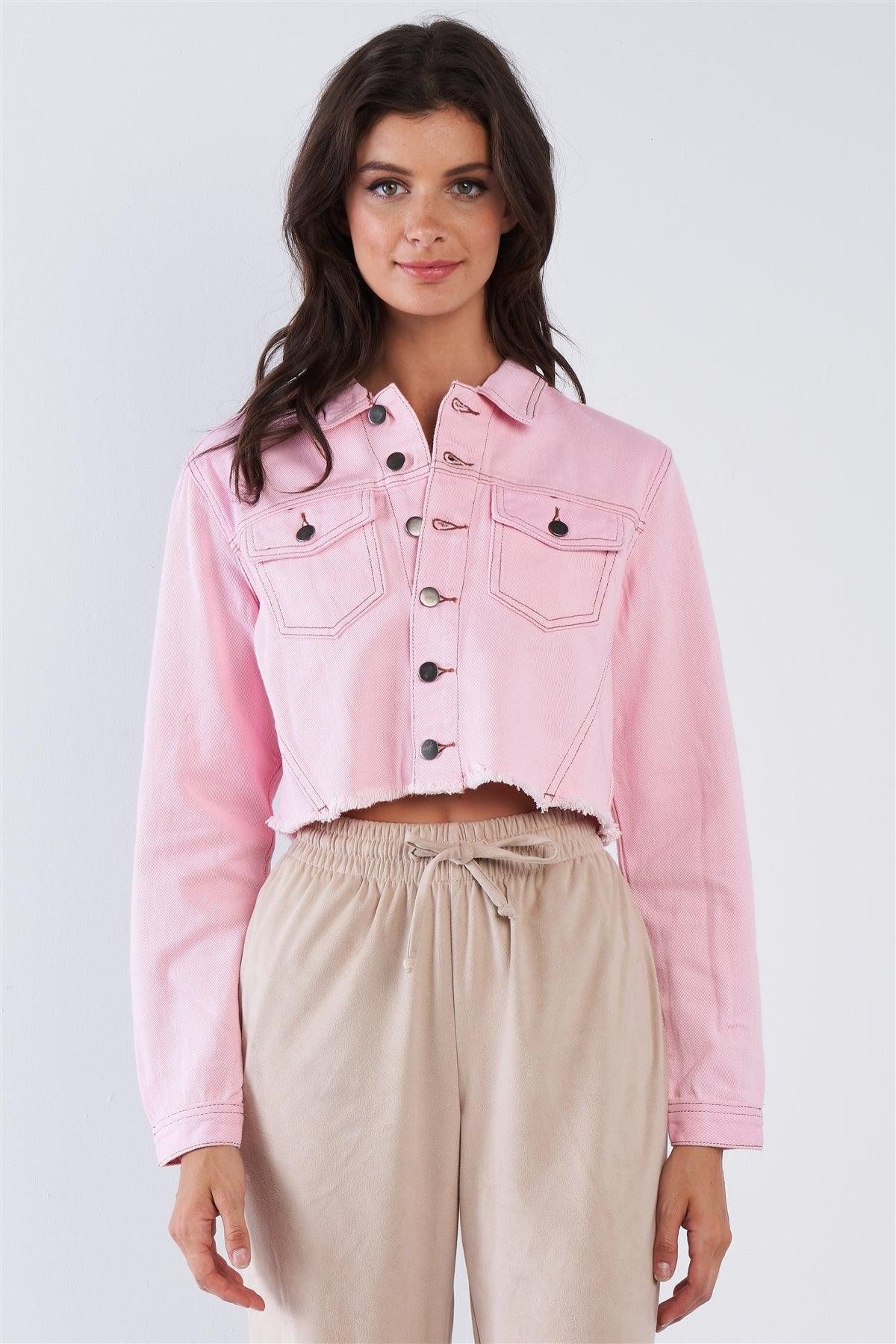 Light Pink Denim Cropped Collared Botton Up Jacket /2-2-2