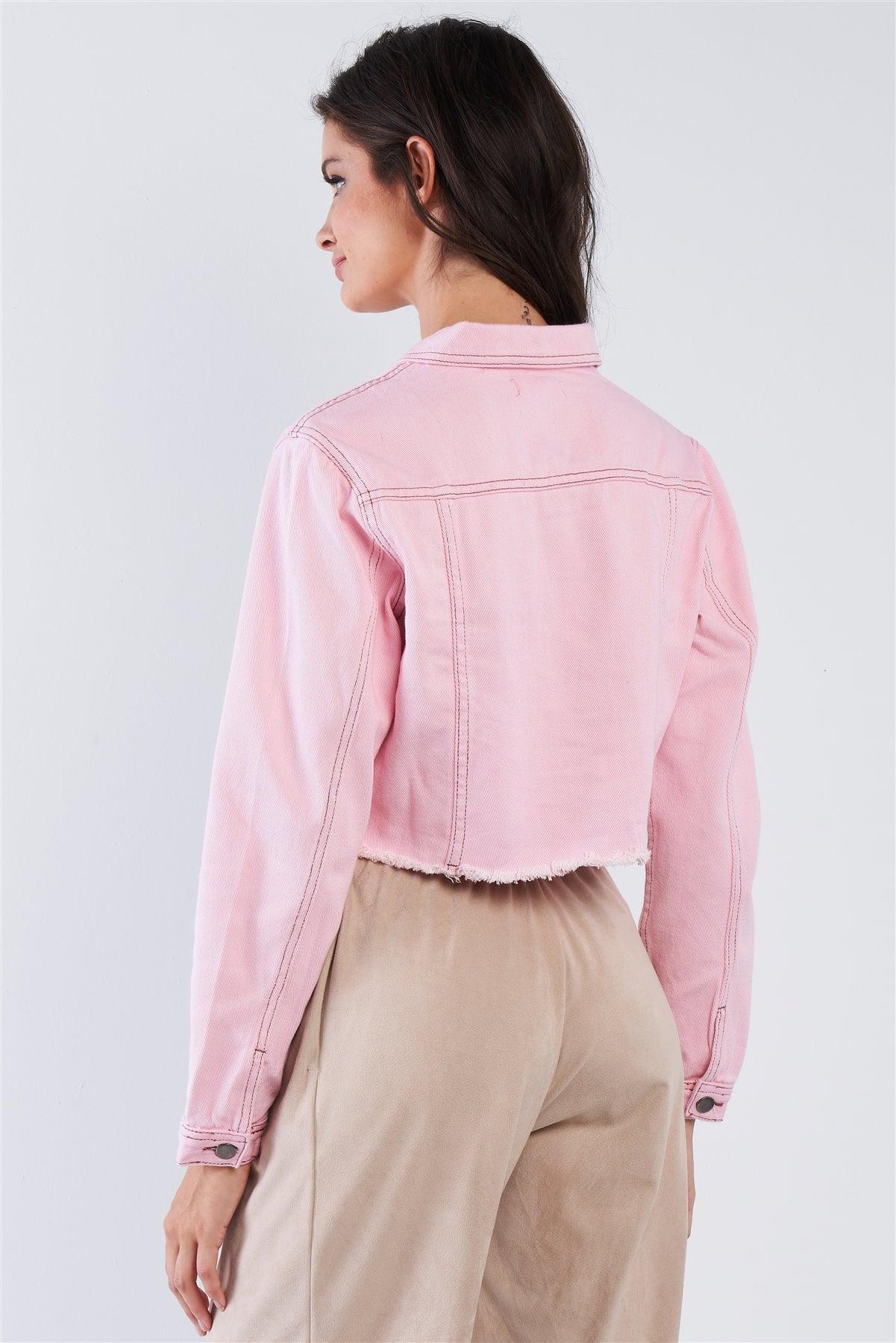 Light Pink Denim Cropped Collared Botton Up Jacket /2-2-2