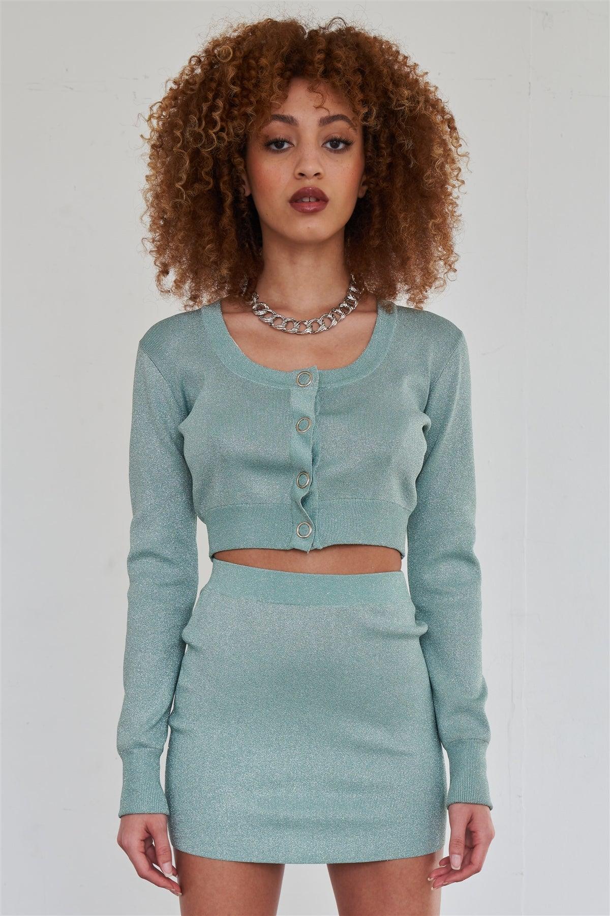 Sexy Sparkly Metallic Mint Long Sleeve Crop Cardigan Sweater Mini Skirt Set /2-2-2