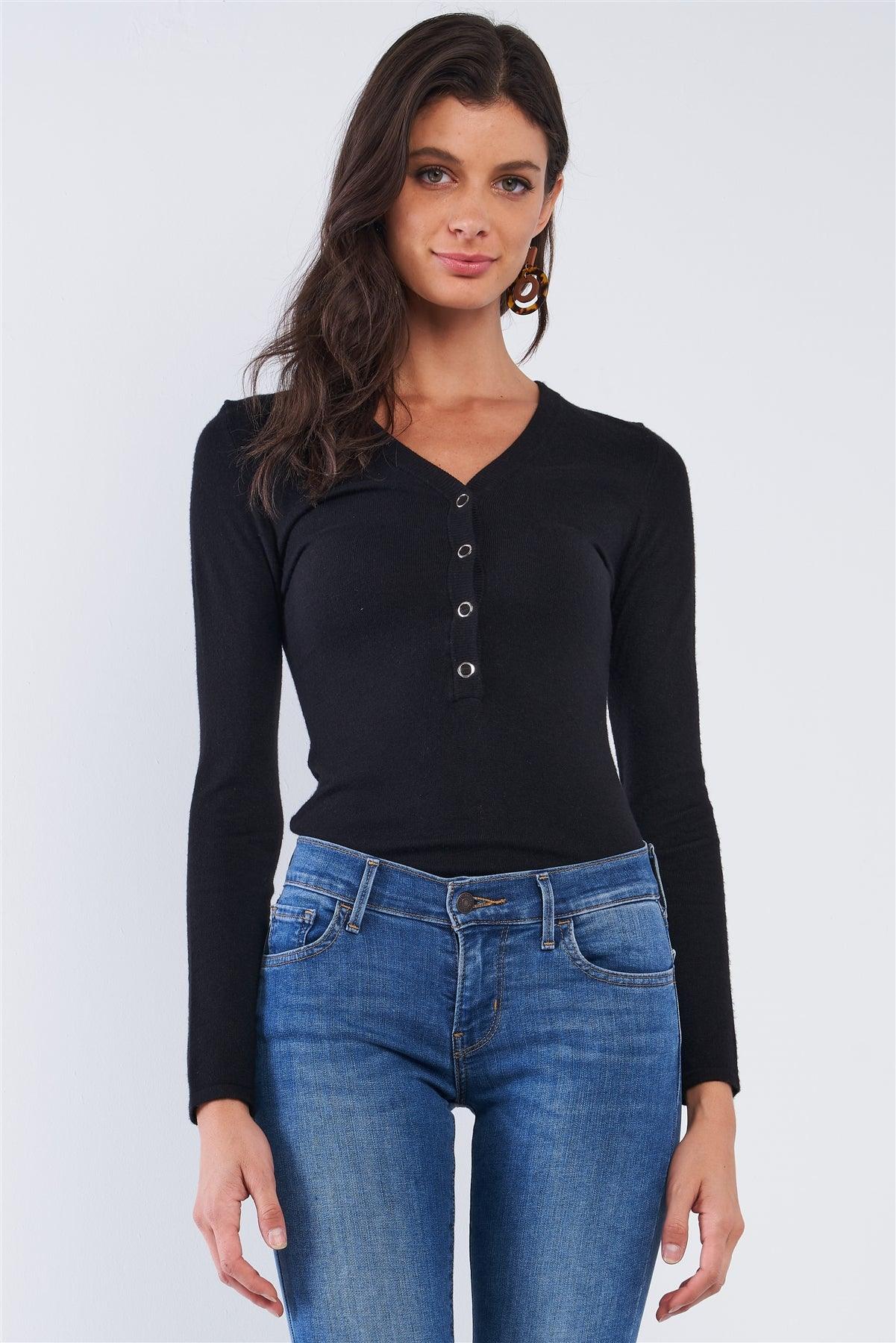 Solid Black Long Sleeve Ribbed Snap Button Down Hem V-Neck Bodysuit /3-3