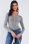 Solid Heather Grey Long Sleeve Ribbed Snap Button Down Hem V-Neck Bodysuit /3-3