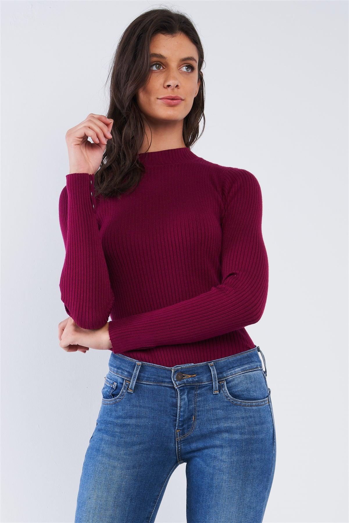 Burgundy Tight Fit Long Sleeve Semi-Turtleneck Ribbed Bodysuit /3-3