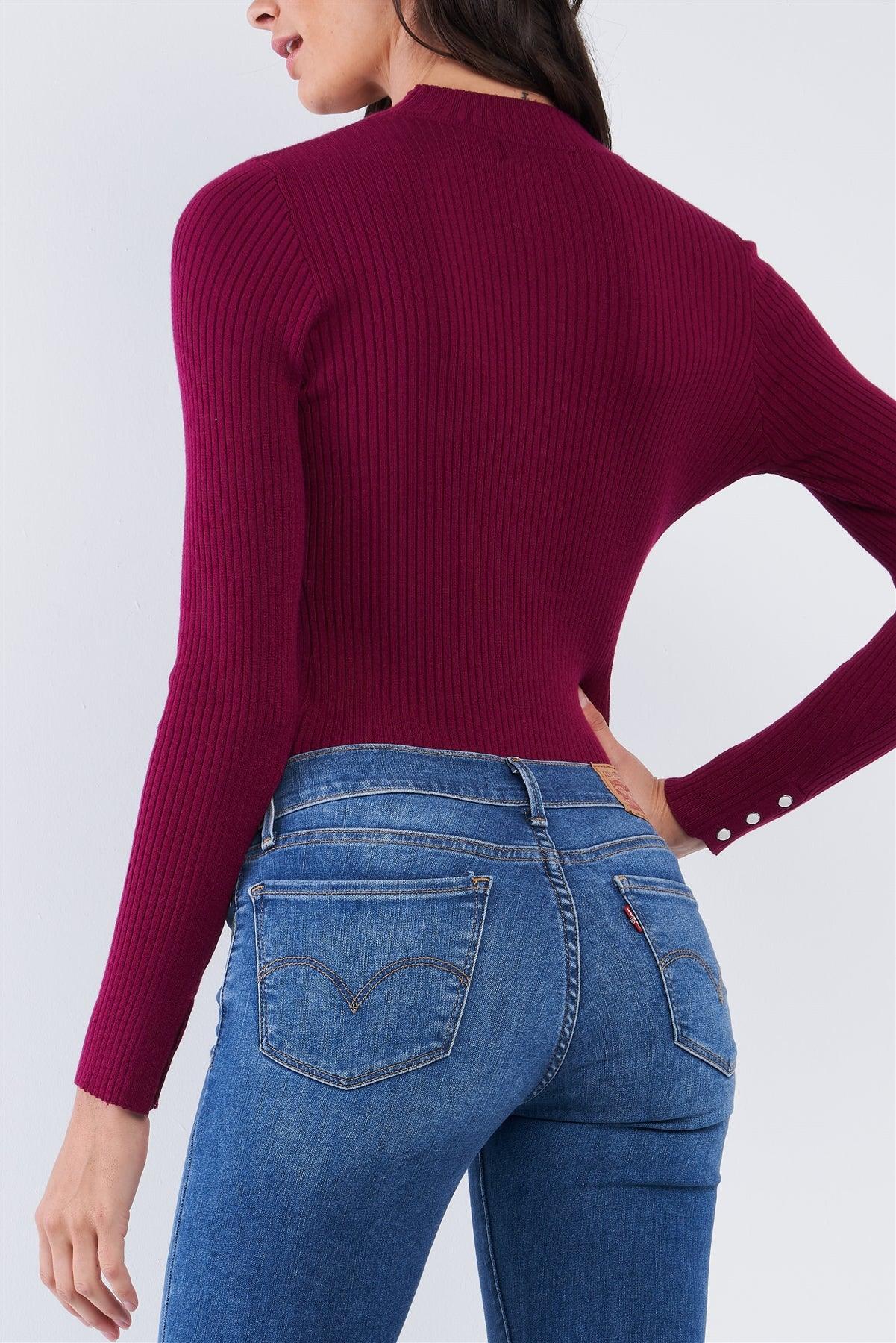 Burgundy Tight Fit Long Sleeve Semi-Turtleneck Ribbed Bodysuit /3-3