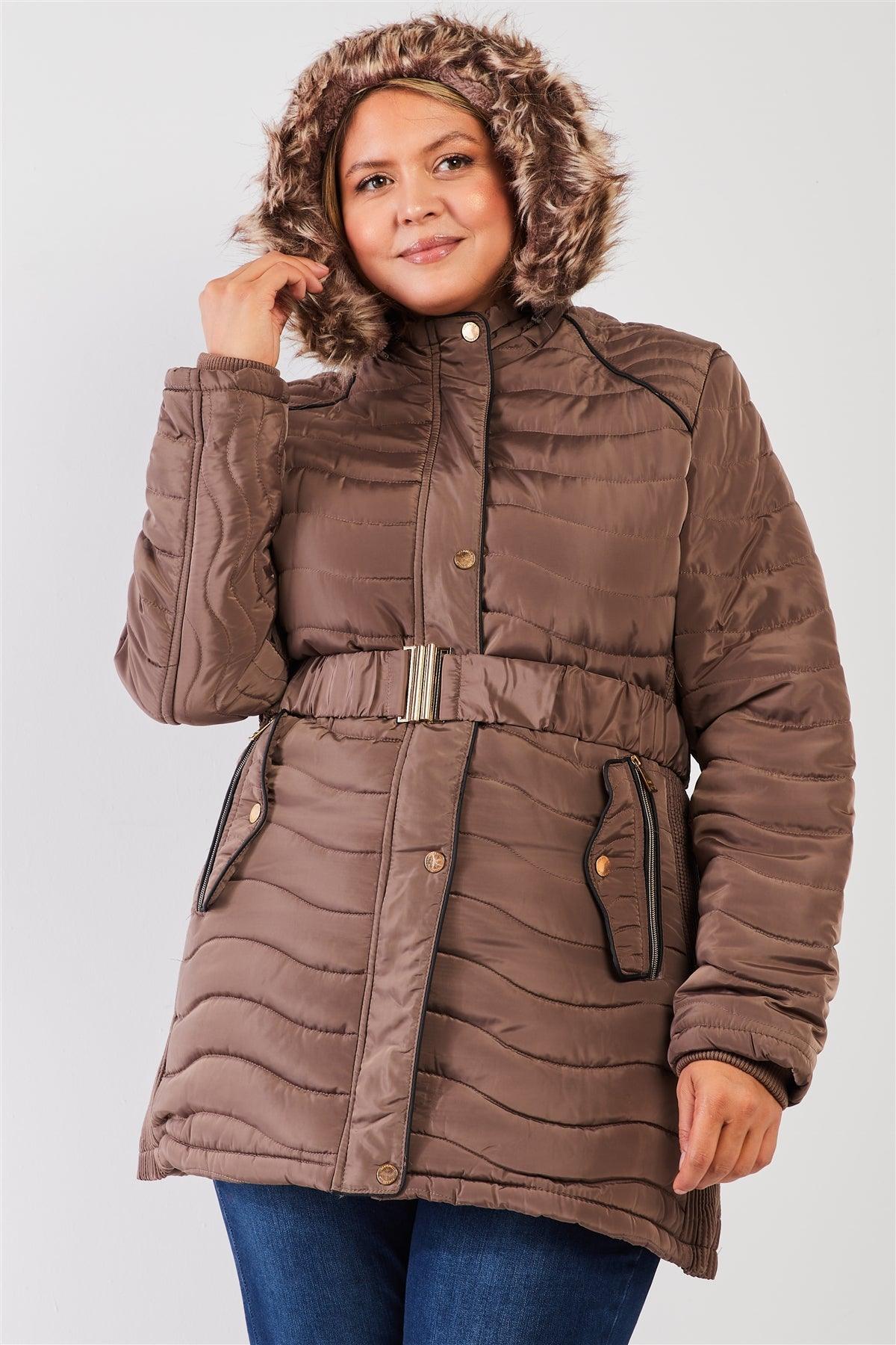 Junior Plus Brown Wavy Quilt Padded Faux Fur Detachable Hood Belted Long Puffer Jacket /2-2-1