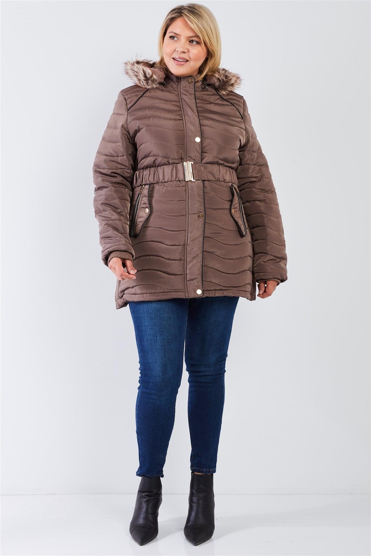 Junior Plus Brown Wavy Quilt Padded Faux Fur Detachable Hood Belted Long Puffer Jacket /2-2-1