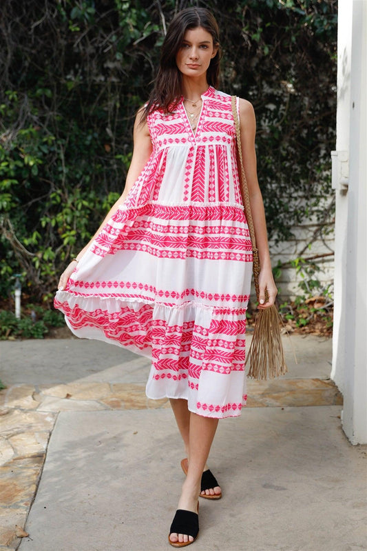 Pink & White Geometric Print Flare Midi Dress /2-2-2