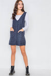 Navy Pinstripe Plaid V-Neck Raw Hem Mini Dress /2-2-2