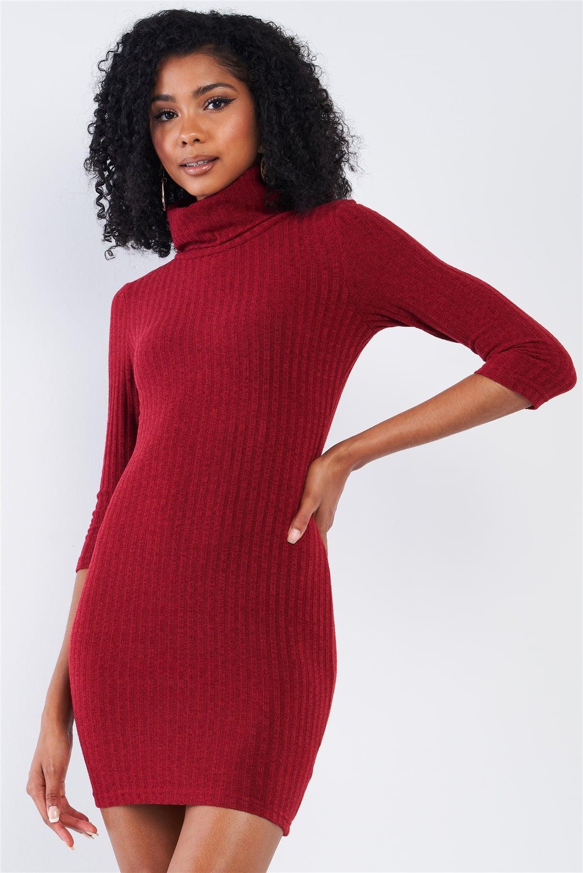 Burgundy Red Light Ribbed Tight Fit Midi Sleeve Turtleneck Sweater Mini Dress /2-2-3