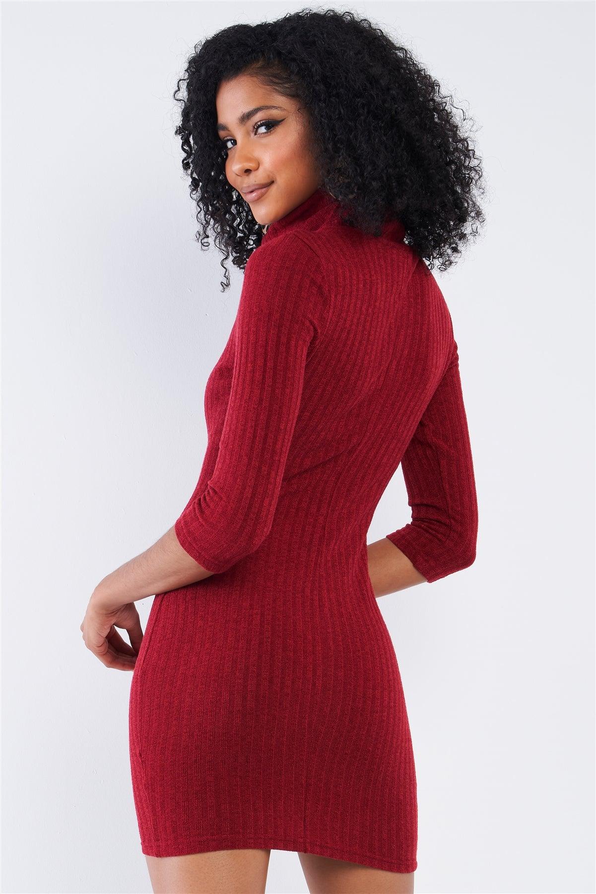 Burgundy Red Light Ribbed Tight Fit Midi Sleeve Turtleneck Sweater Mini Dress /2-2-3