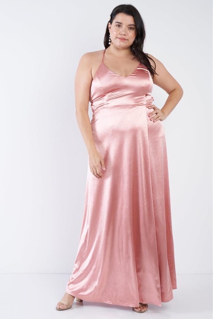 Wholesale Junior Plus Size Mauve Satin Open Criss Cross Back Maxi Dress  /2-2-2