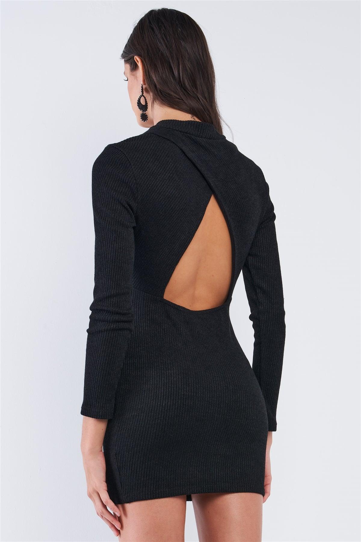 Solid Black Long Sleeve Ribbed Knit Sexy Cut Out Back Mini Dress /2-1-1