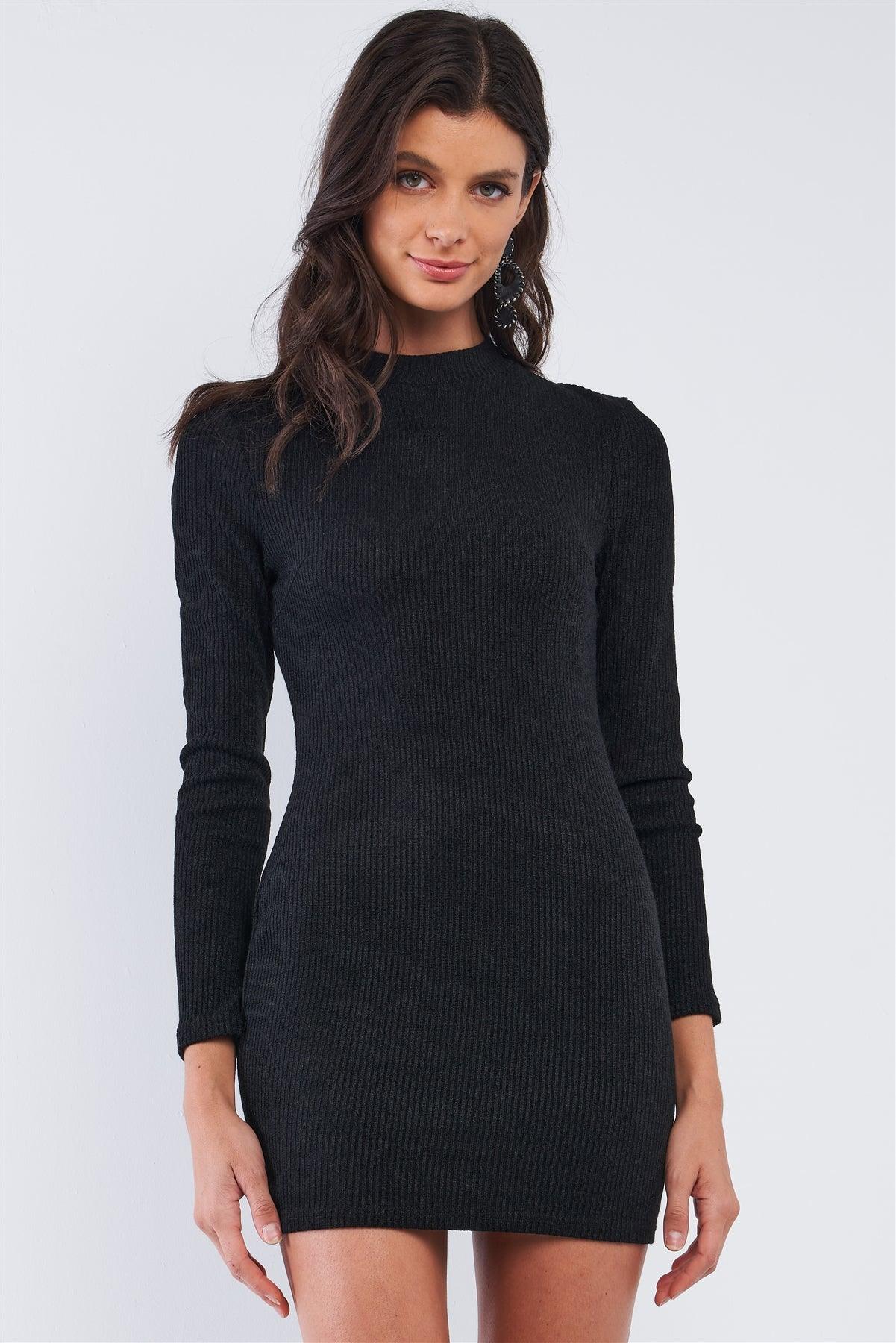 Solid Black Long Sleeve Ribbed Knit Sexy Cut Out Back Mini Dress /2-1-1