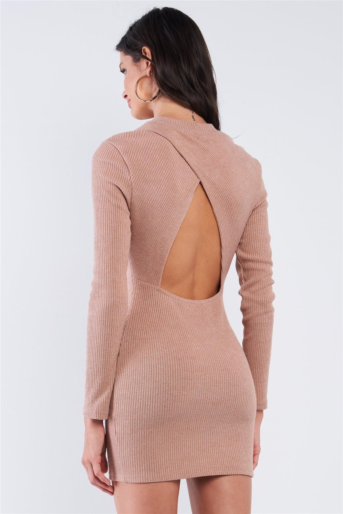 Solid Taupe Long Sleeve Ribbed Knit Sexy Cut Out Back Mini Dress /2-2-2