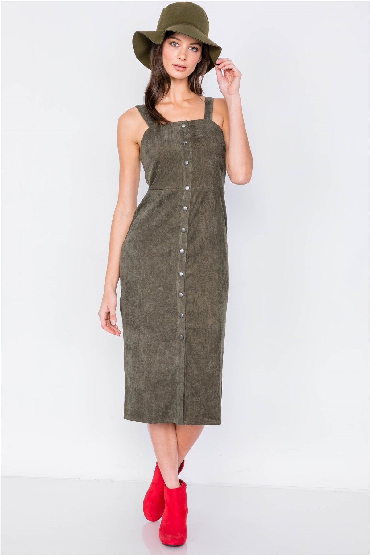 Olive Ribbed Suede Front Button Casual Midi Dress /2-3