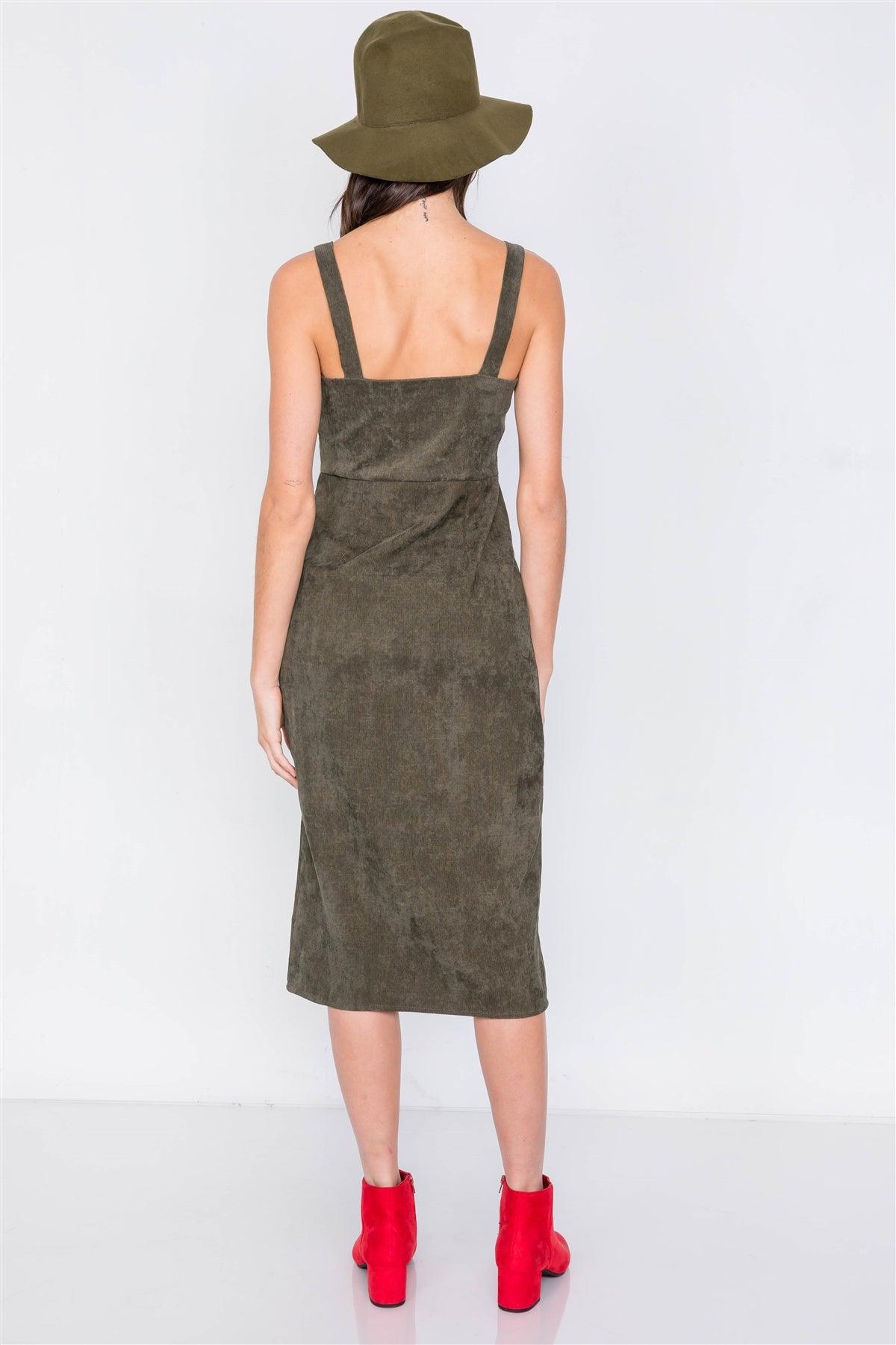 Olive Ribbed Suede Front Button Casual Midi Dress /2-3