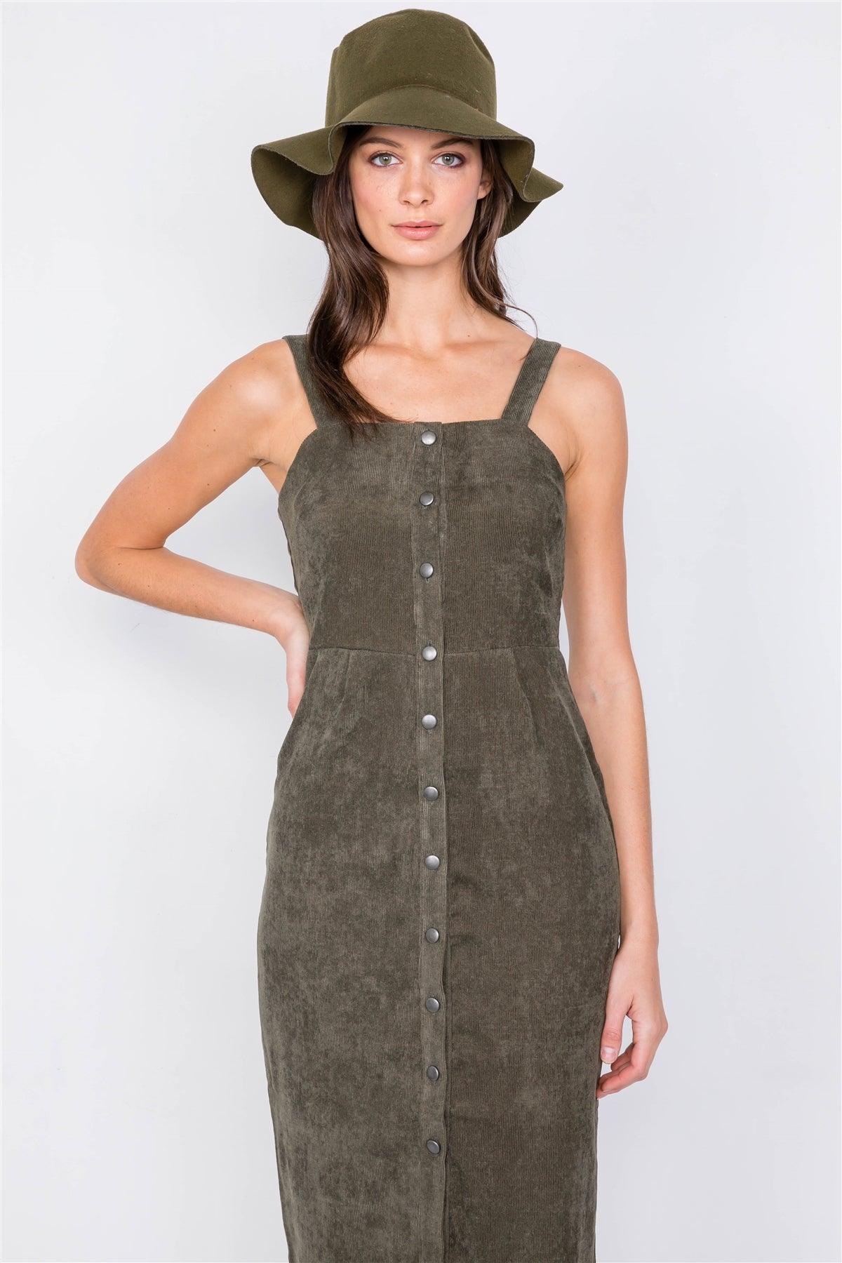 Olive Ribbed Suede Front Button Casual Midi Dress /2-3