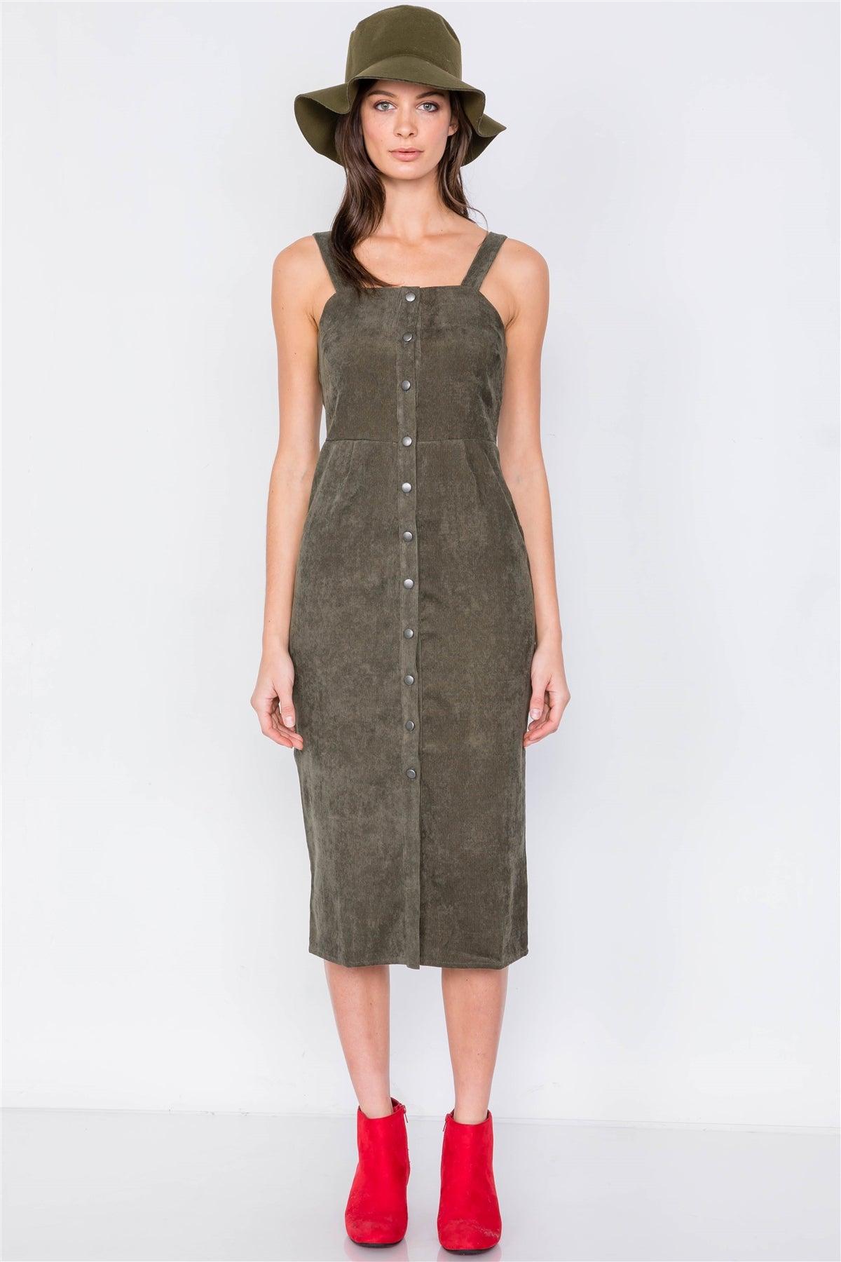 Olive Ribbed Suede Front Button Casual Midi Dress /2-2-2