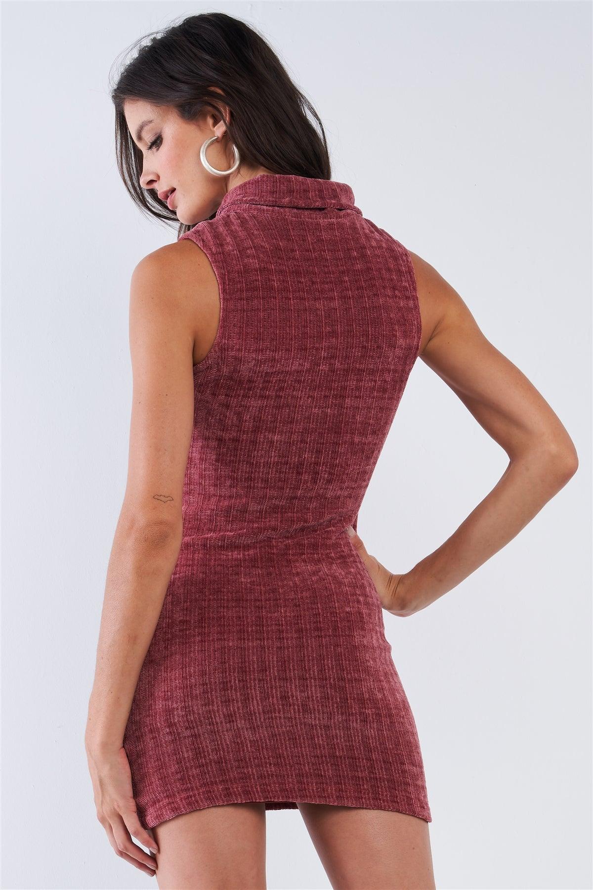 Muted Plum Velvet Tunic Turtle Neck Sleeveless Knitted Dress /2-2-2