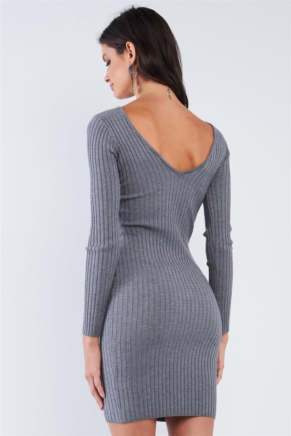 Heather Grey V-Neck Long Sleeve Ribbed Knit Sweater Mini Dress /3-2