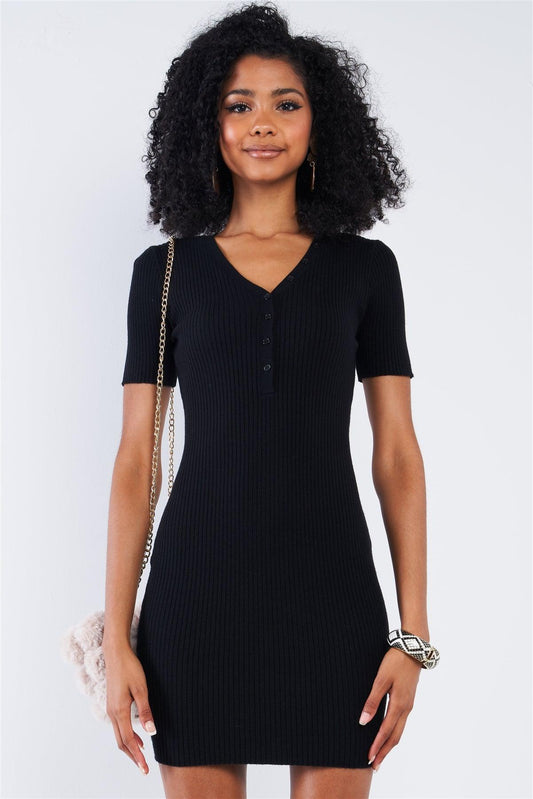 Black Ribbed Tight Fit Mini Sleeve Deep Plunge Button Down V-Neck Mini Dress /3-2