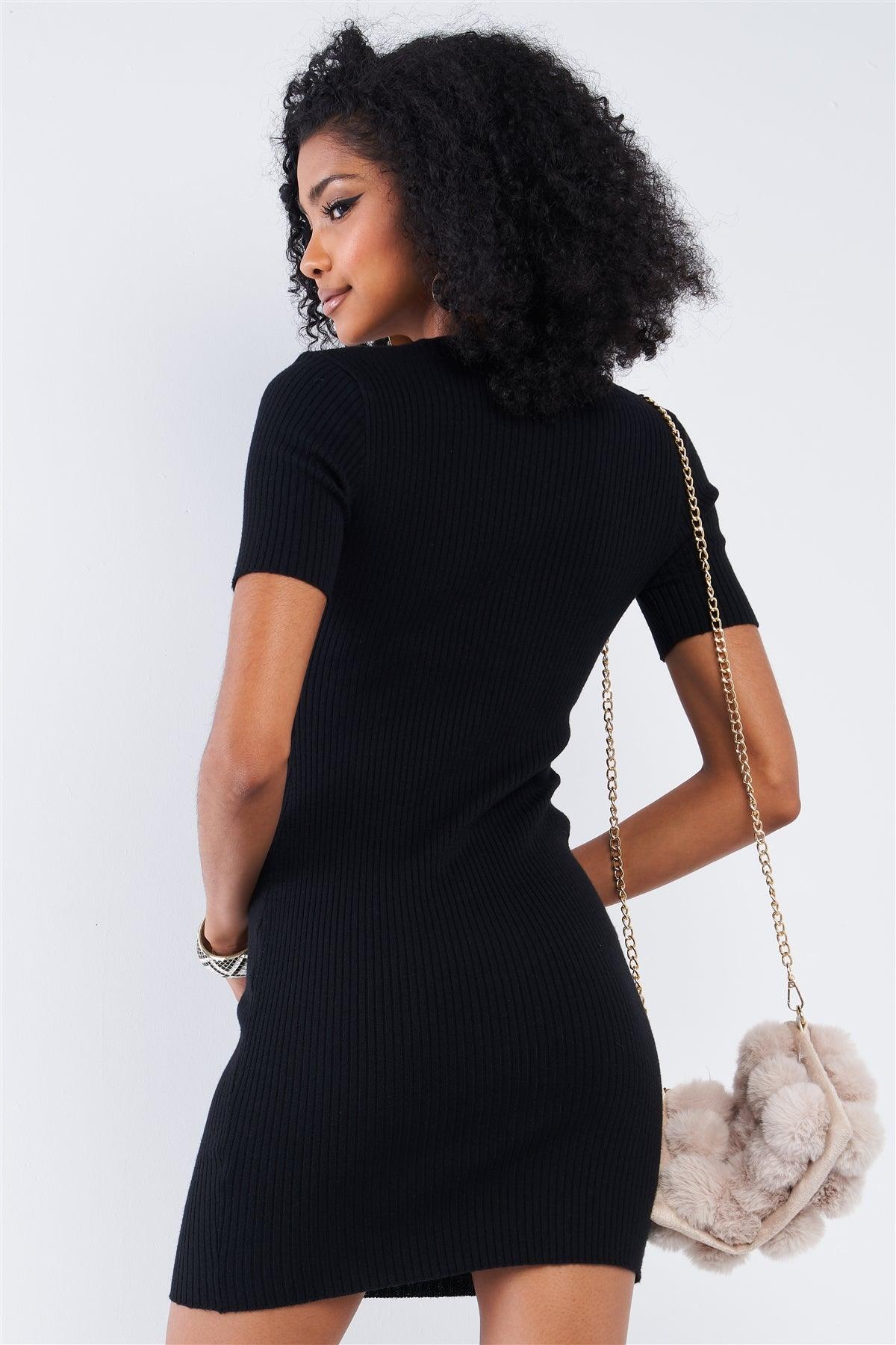 Black Ribbed Tight Fit Mini Sleeve Deep Plunge Button Down V-Neck Mini Dress /3-2