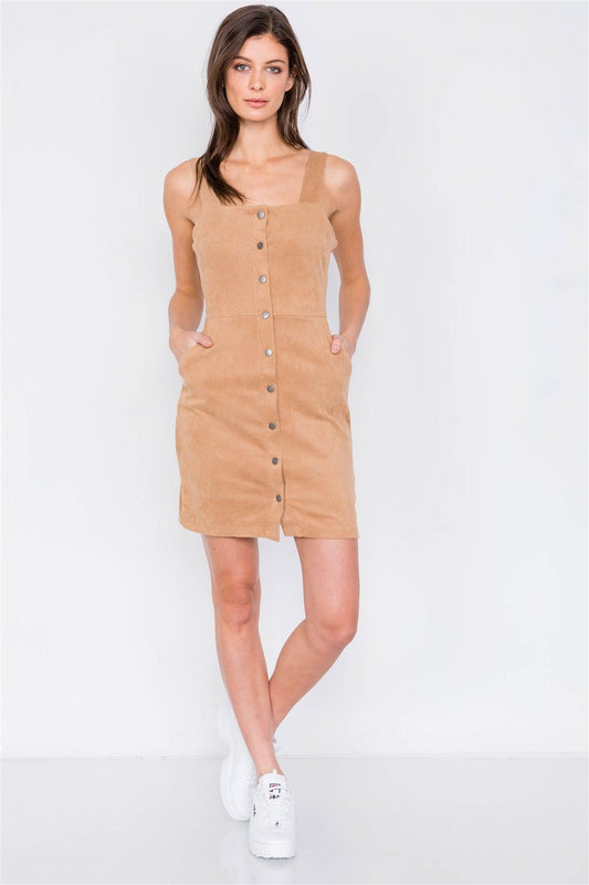 Camel Suede Ribbed Button Down Square Neck Boho Mini Dress /2-2-2