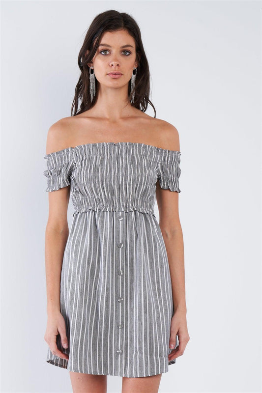 Black Grey & White Stripe Ruched Off-The-Shoulder Mini front Button Dress /3-2-1