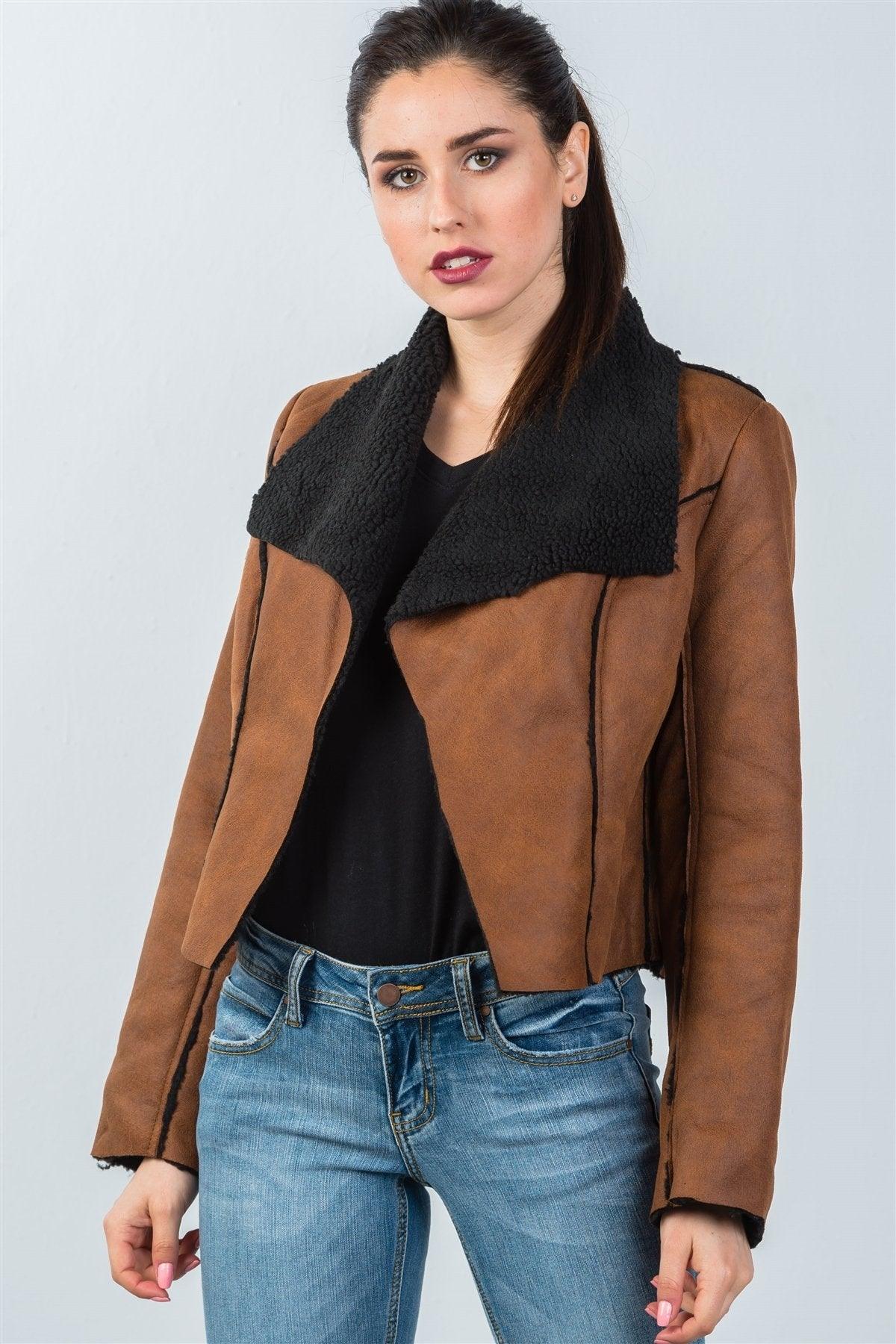 Cognac Relaxed Fit Faux Sheepskin Drape Neck Jacket /1-1