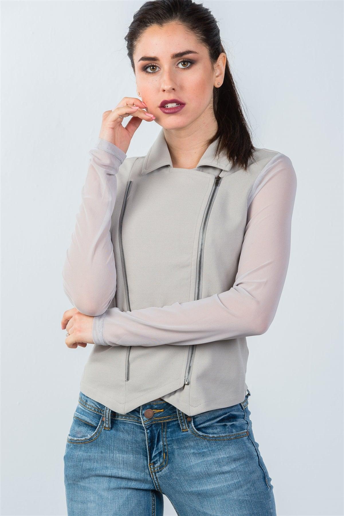 Grey Mesh Long Sleeve Double Zipper Front Jacket / 2-2-2