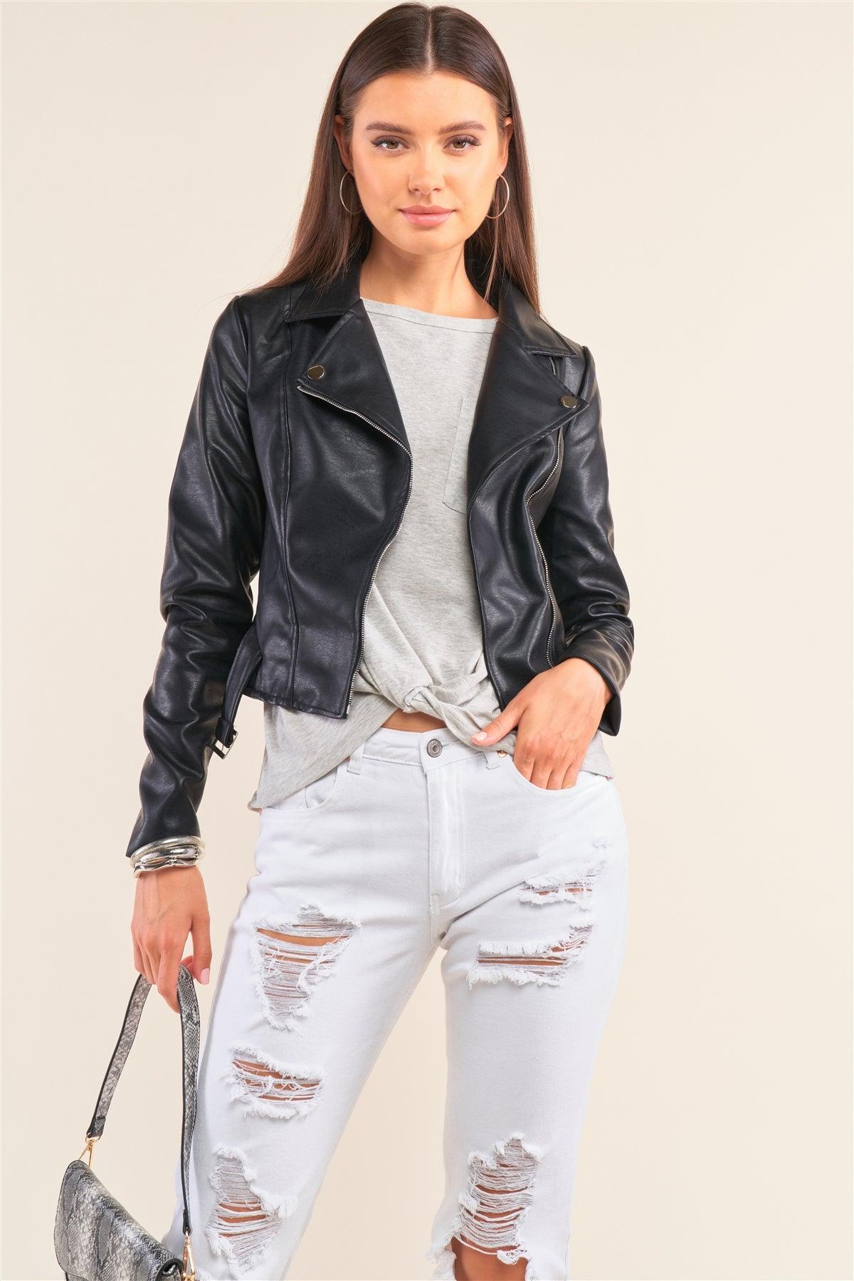 Black Oblique Zipper Cropped Vegan Leather Jacket /2-2-2