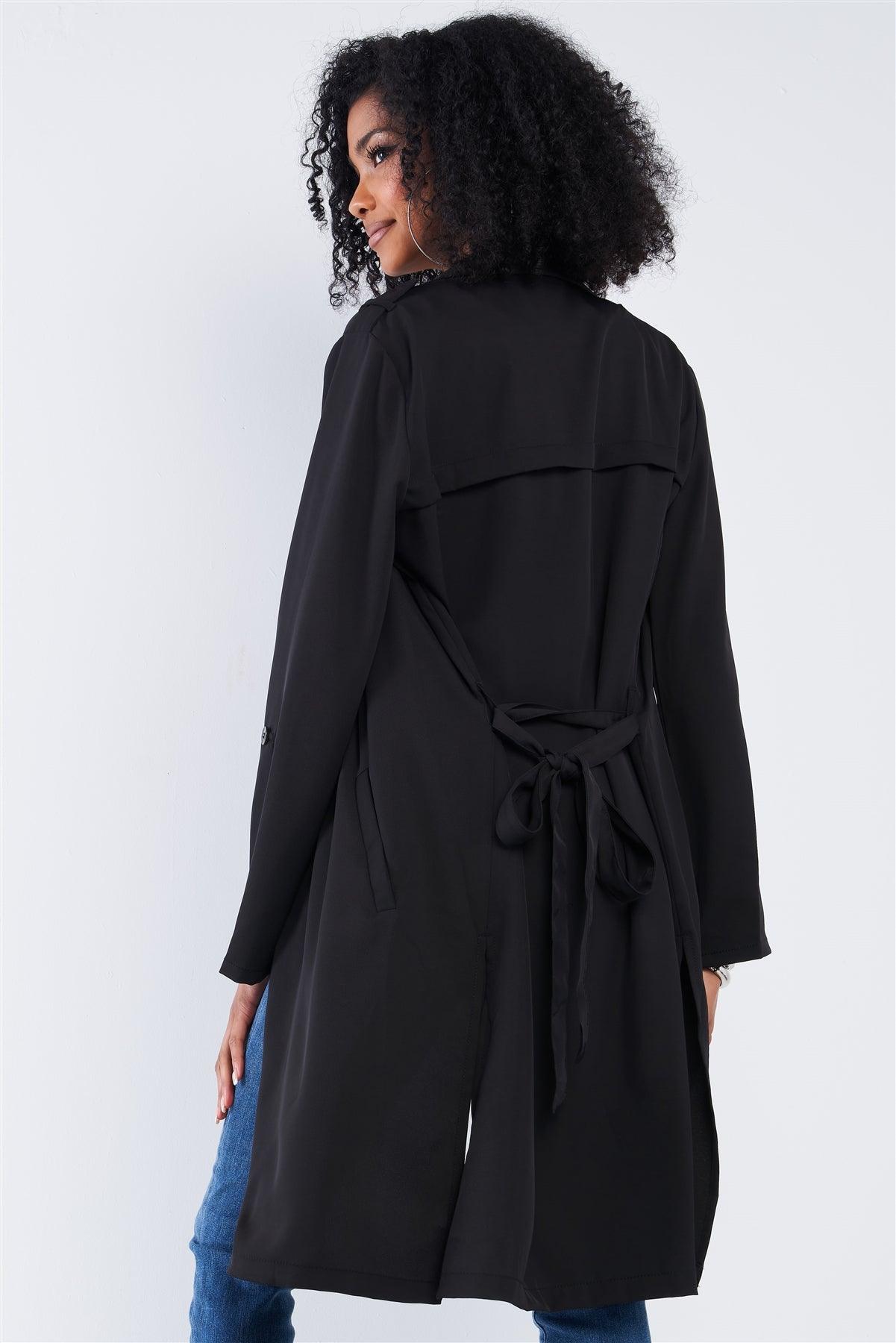 Black Classy Open Front Self-Tie Relaxed Fit Long Sleeve Lightweight Midi Trench Coat Jacket /2-2-2