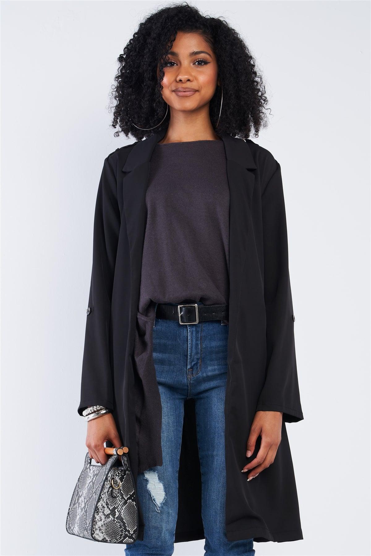 Black Classy Open Front Self-Tie Relaxed Fit Long Sleeve Lightweight Midi Trench Coat Jacket /2-2-2