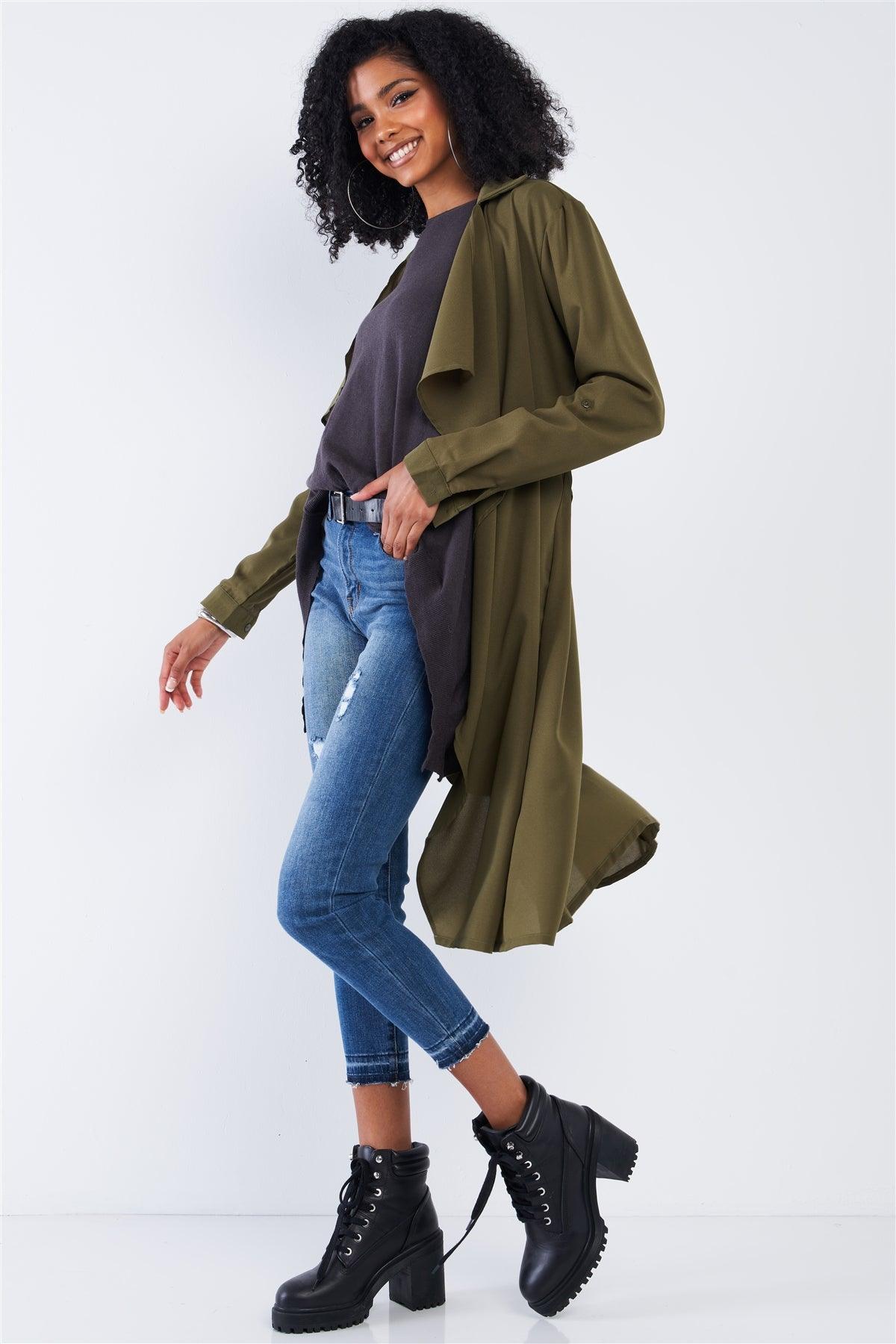 Olive Green Open Front Self-Tie Long Sleeve Relaxed Fit Lightweight Midi Trench Coat Jacket /2-2-2