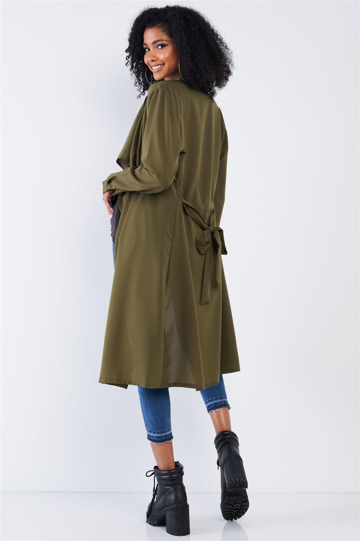 Olive Green Open Front Self-Tie Long Sleeve Relaxed Fit Lightweight Midi Trench Coat Jacket /2-2-2