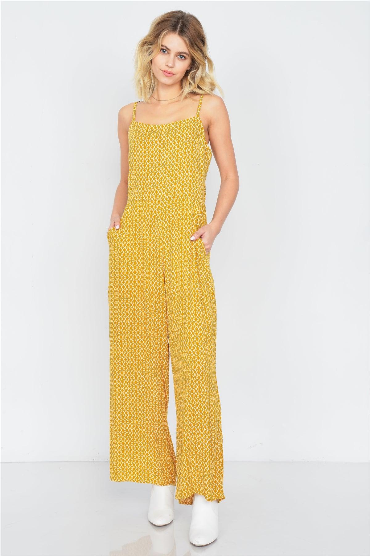 Yellow & White Geometric Print Causal Wide Leg Back Cut Out Jumpsuit  /2-2-2