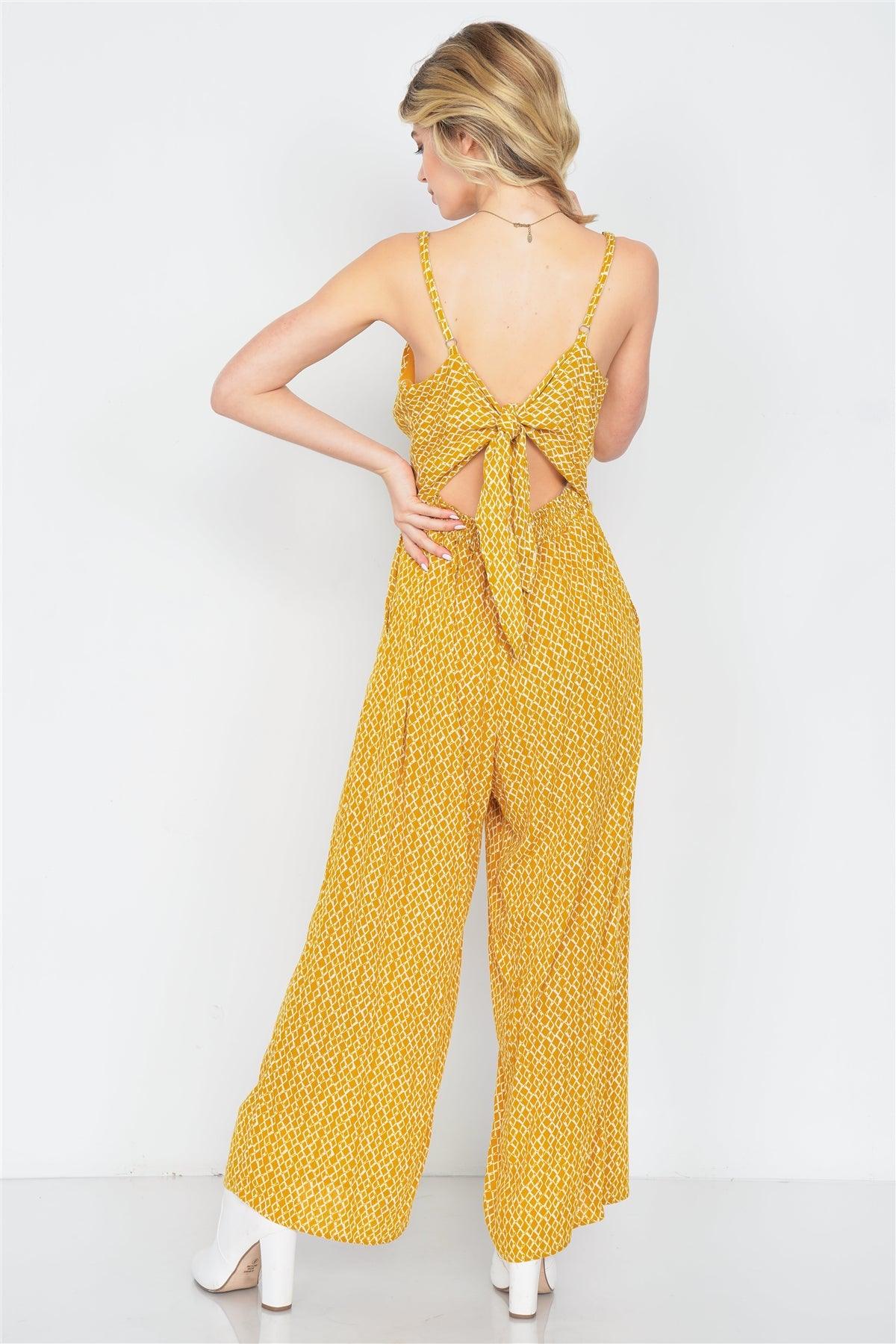 Yellow & White Geometric Print Causal Wide Leg Back Cut Out Jumpsuit  /2-2-2