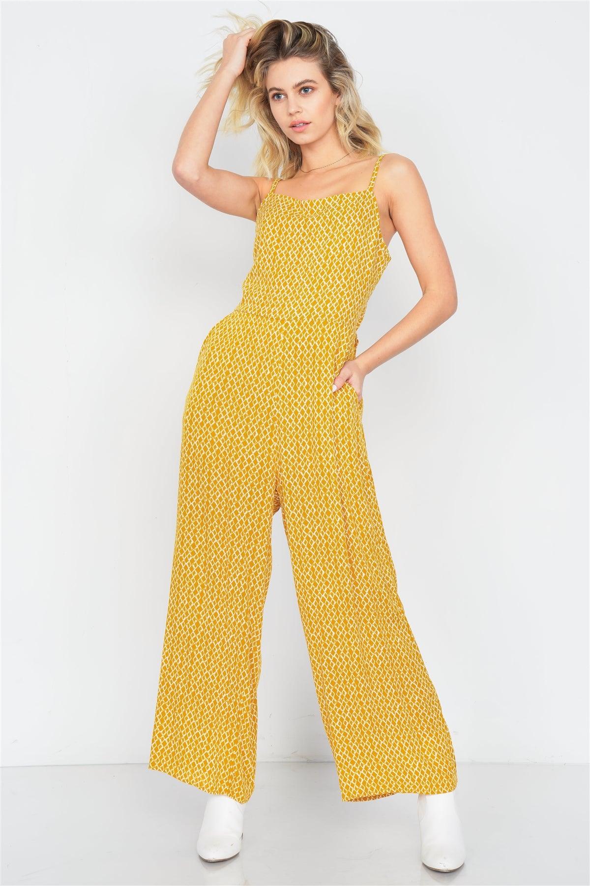 Yellow & White Geometric Print Causal Wide Leg Back Cut Out Jumpsuit  /2-2-2