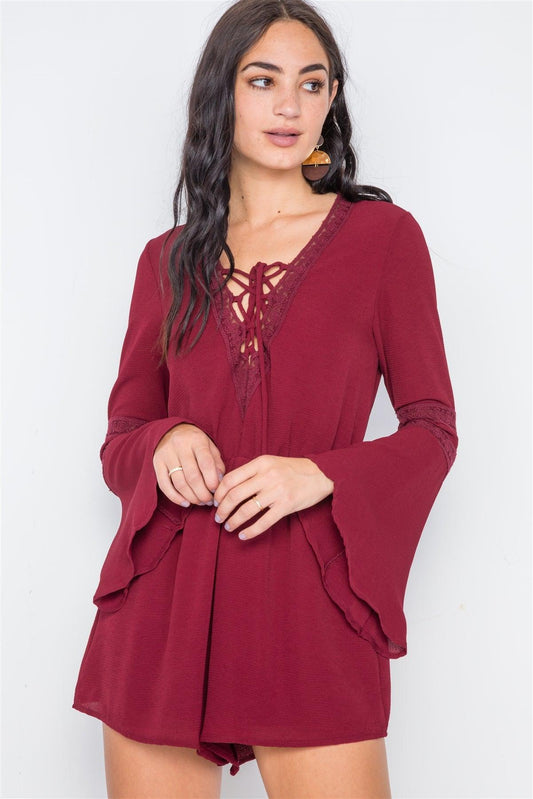 Burgundy Crochet Bell Sleeve Lace-Up Romper /2-2-2