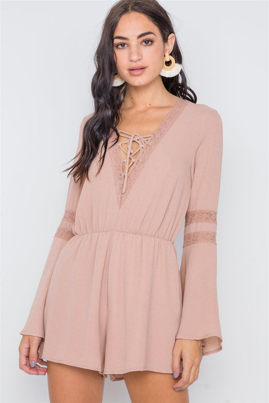 Taupe Crochet Bell Sleeve Lace-Up Romper /2-2-2