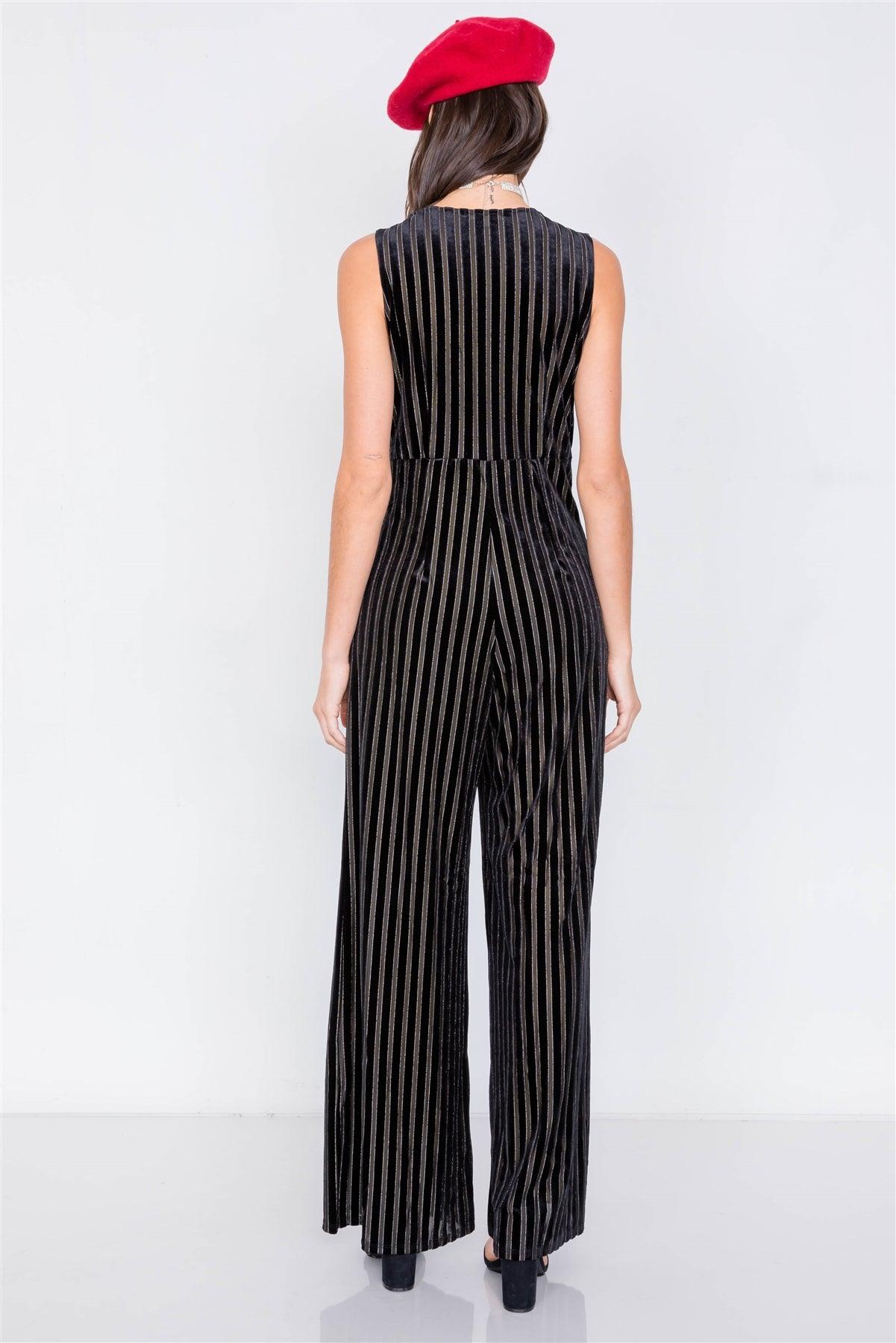 Black & Olive Silver Sheer Velvet Stripe V-Neck Chic Jumpsuit /2-2-2