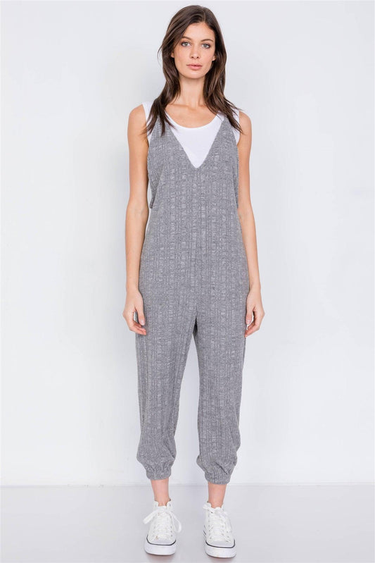 Grey Super Soft Ribbed V-Neck Knit Cinched Ankle Jumpsuit /2-2-2