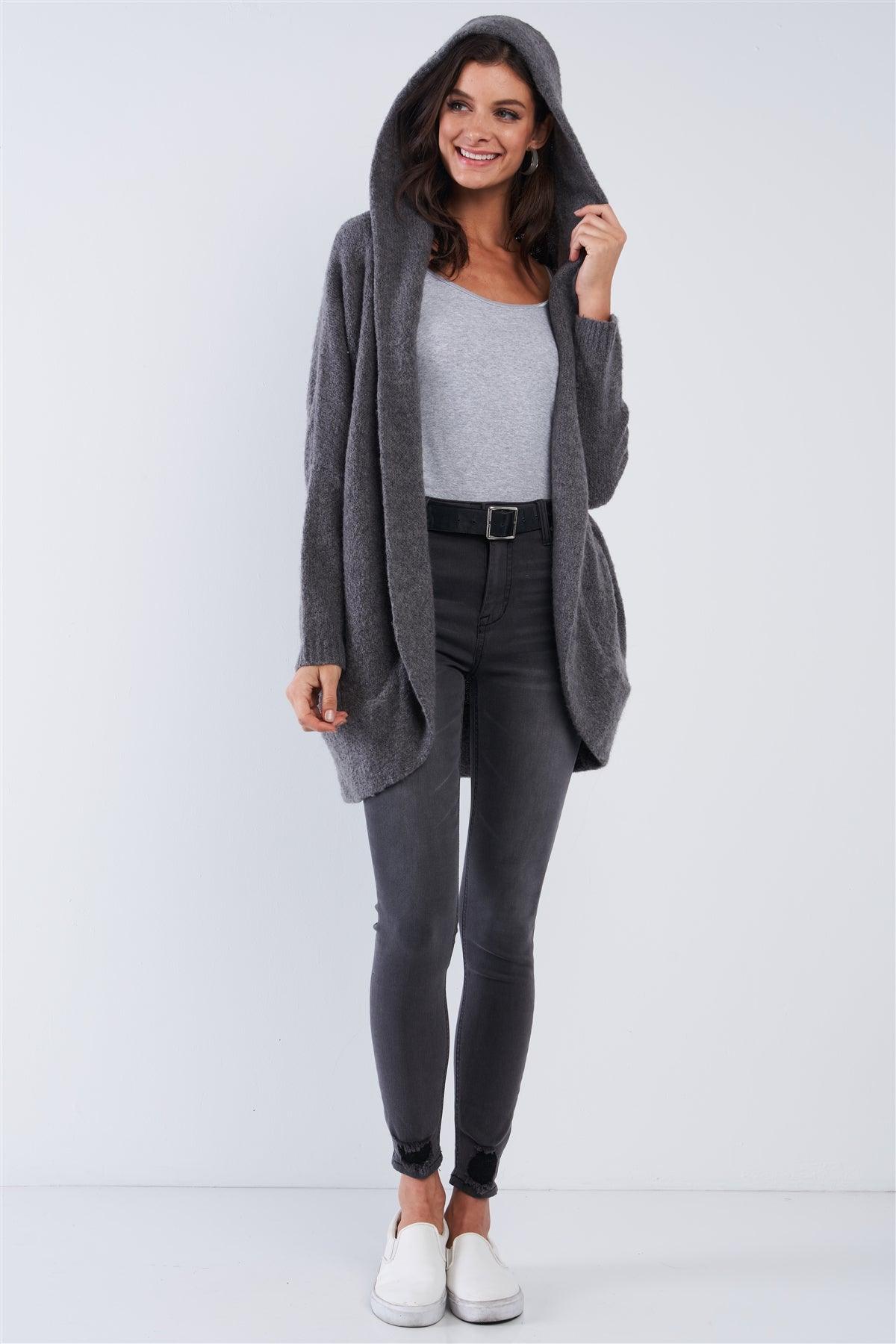 Charcoal Cuddly Hooded Long Sleeve Cardigan Sweater /3-3