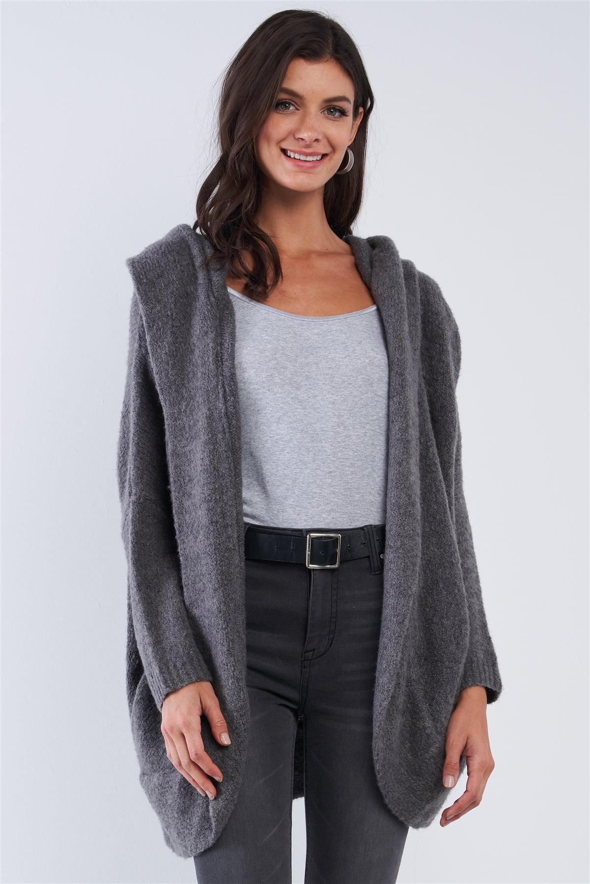 Charcoal Cuddly Hooded Long Sleeve Cardigan Sweater