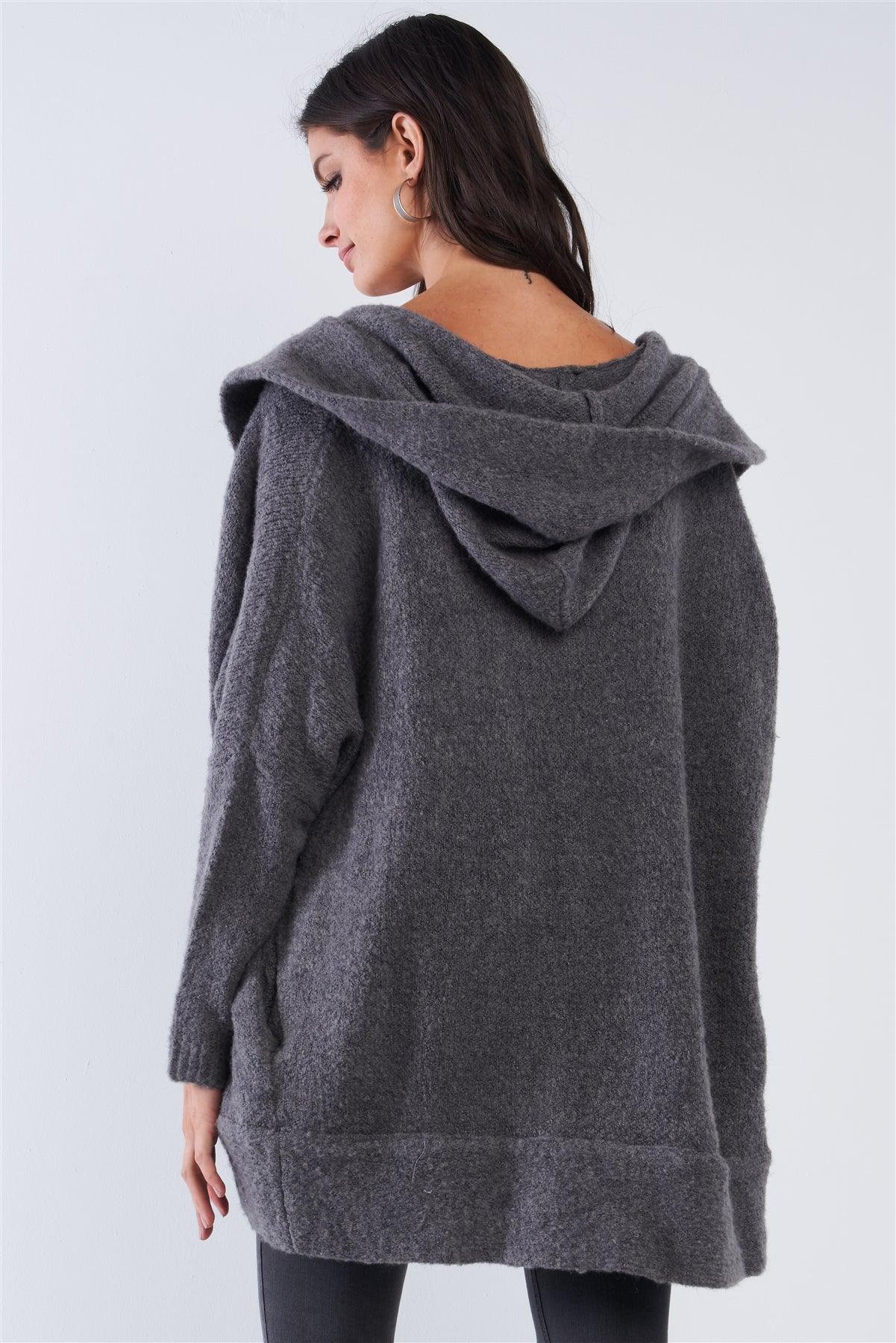 Charcoal Cuddly Hooded Long Sleeve Cardigan Sweater