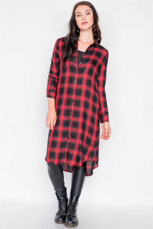 Red & Black Plaid Midi Casual Shirt Dress /2-2-2